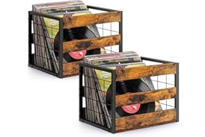 OGEMXU 2 Pack Vinyl Record Storage, Large Wood Metal Lp Record Crate,Heavy-Duty Square Milk Crate,Visualize Album Storage Box Cube, Desktop Record Shelf Organizer Box for Books Files,Rustic Brown