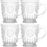 Yungala Vintage Glass Mugs Set of 4 – 10oz Vintage Coffee Mugs or Pressed Glass Tea Cup with Sunflower Design, Clear Tea Cup, Perfect for Affogato or boujee entertaining, Dishwasher Safe, Lead-Free