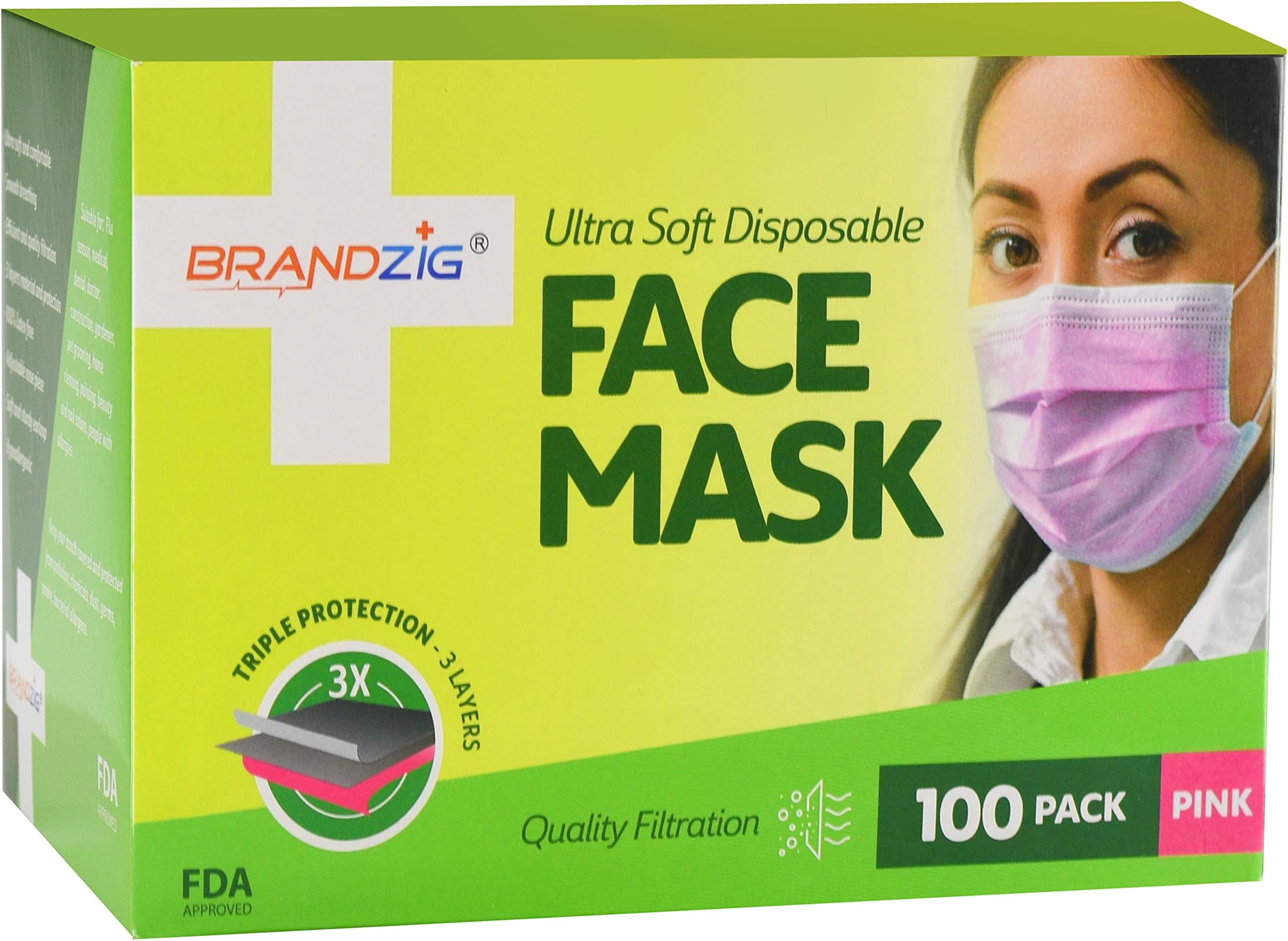 Ultra Soft Disposable Face Mask with Ear Loop (100 Pack) Pink | FDA Approved Surgical Masks with Triple Protection Layer | Comfortable Dust Mask with Hypoallergenic Fabric | Premium Medical Supplies