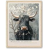 Bathroom Picture Wall Decor A Powerful Bull Adorned With Spring Blooms OAK Wood cow canvas Wall Art, 8x10in , bathroom wall art Rustic Farm Animal Canvas Print Poster for Living Room Bedroom Home Decoration