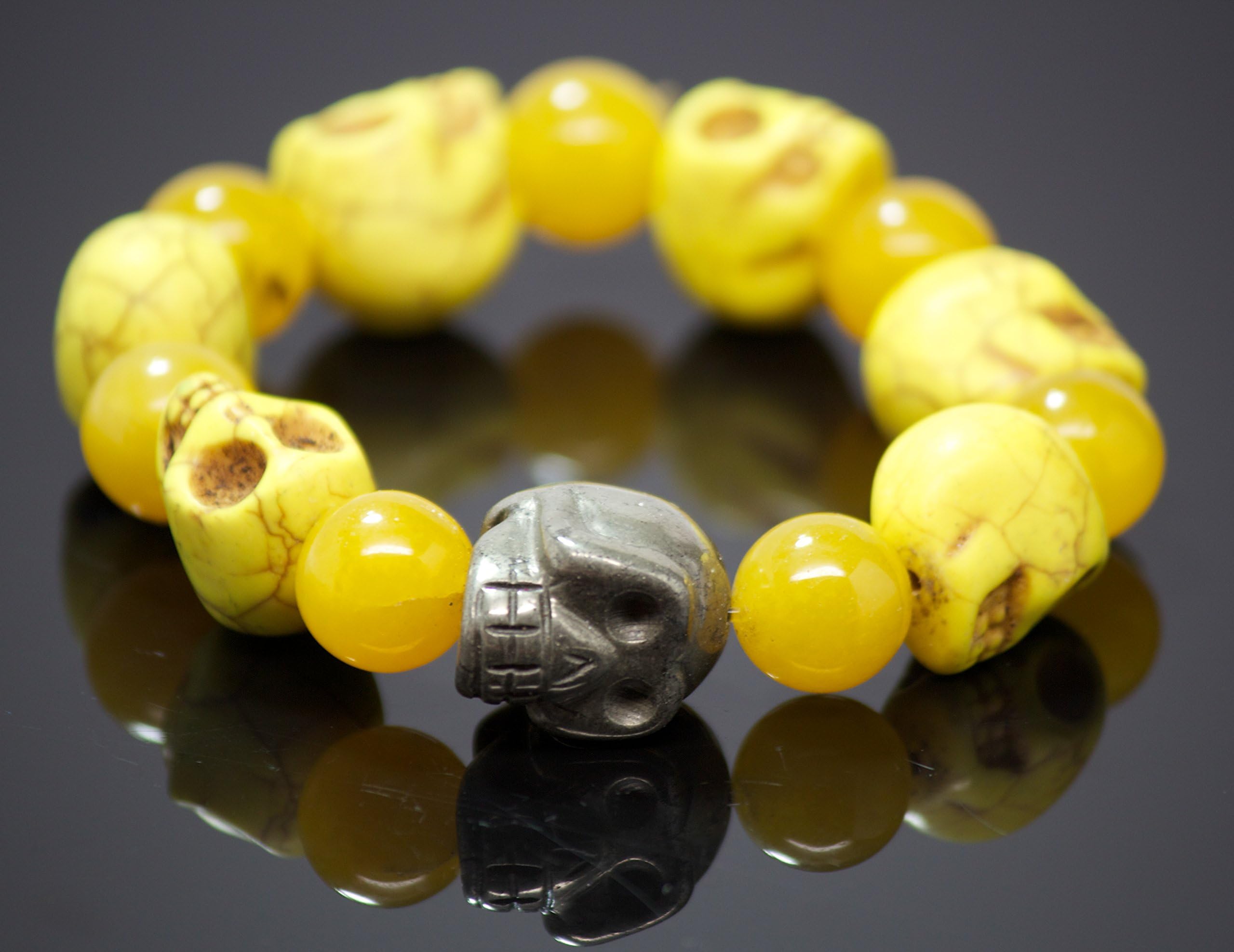 Mens, Yellow Quartz, Yellow Magnesite Skull, Pyrite Skull, Stone Bracelet, Healing Crystals Love