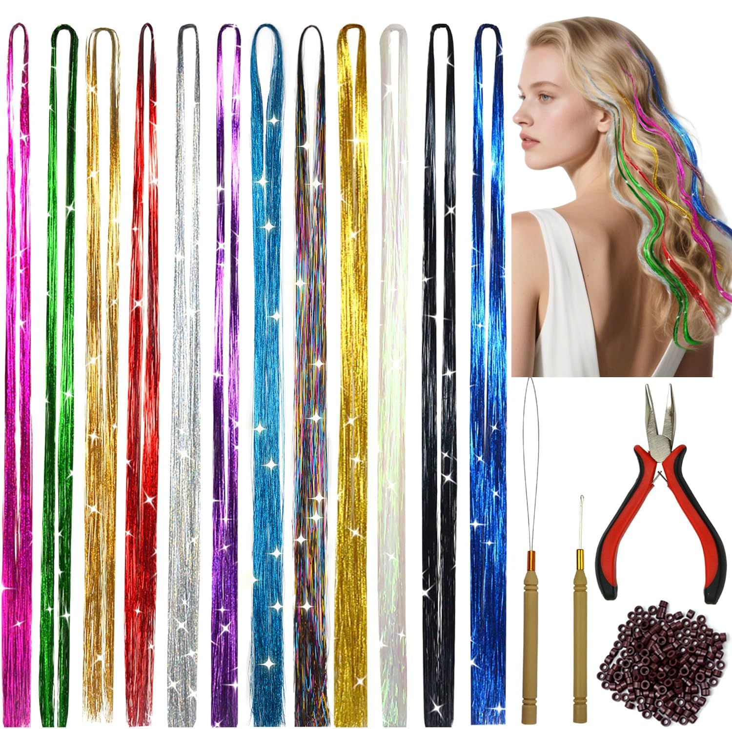 Hair Tinsel Kit with Tools 47 Inches 12 Colors 2400 Strands Glitter Heat Resistant Fairy Hair Accessories for Women Christmas Halloween Party Hair Extensions