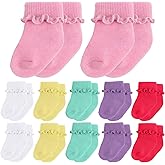 Toulite 12 Pair Preemie Newborn Socks | Soft Cotton Non-slip Warm Socks with Ruffle Turn Cuff, Preemie Infant Socks, for Nicu Premature Newborn Baby Girl Boy