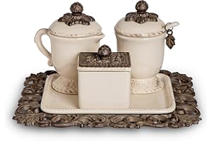 GG COLLECTION Acanthus Leaf Sugar And Creamer Set with Sweetener Box on Tea Tray (Set of 4)