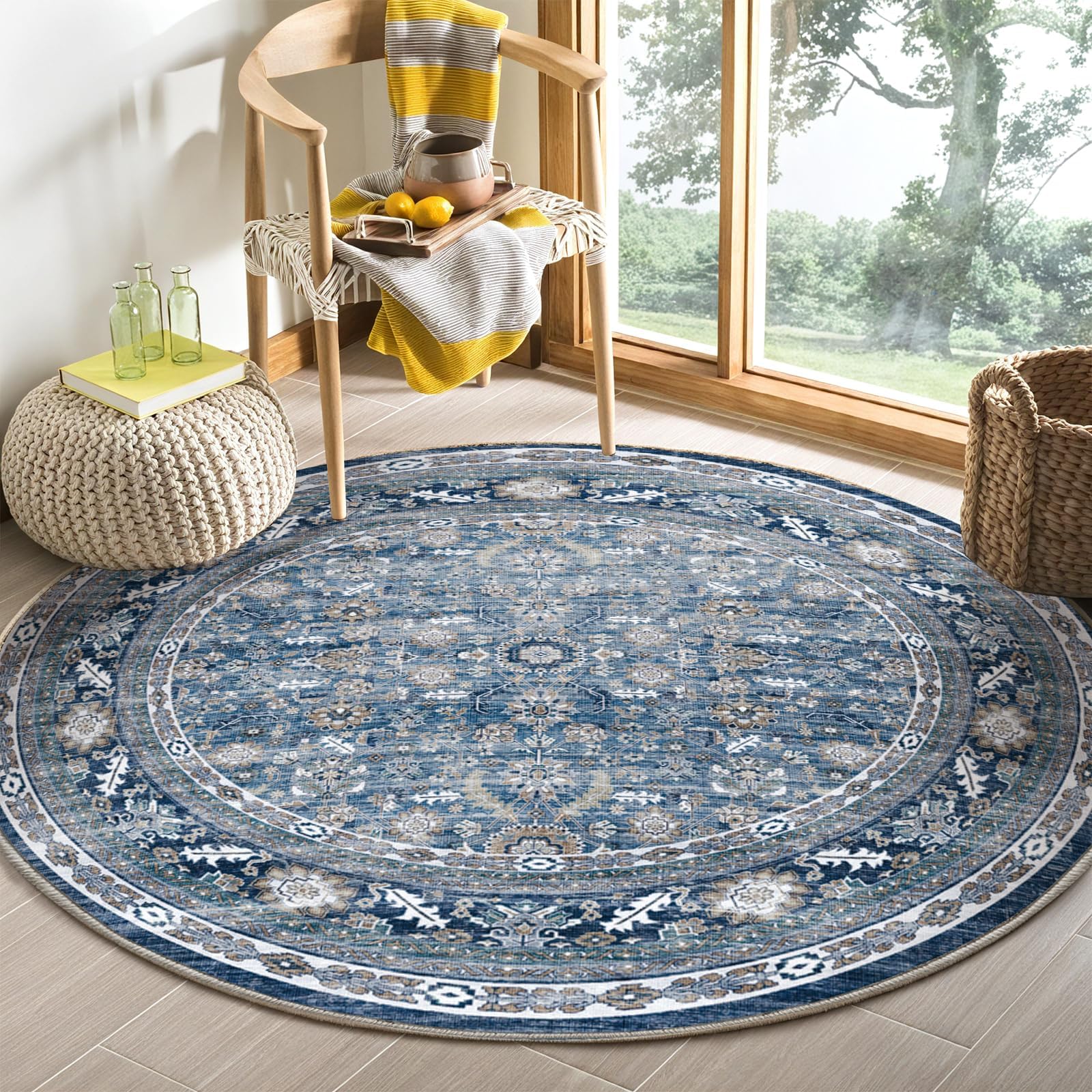 Photo 1 of OPPODREAM Vintage Blue Round Rug 4ft, 4 ft Retro Washable Circle Rug Non Slip, Low-Pile Faux Wool Circular Carpet