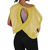 TERIVEEK Women Open Back Short Sleeve Workout T Shirts Casual Loose Gym Running Yoga Shirt Athletic Tee Activewear Crop Tops