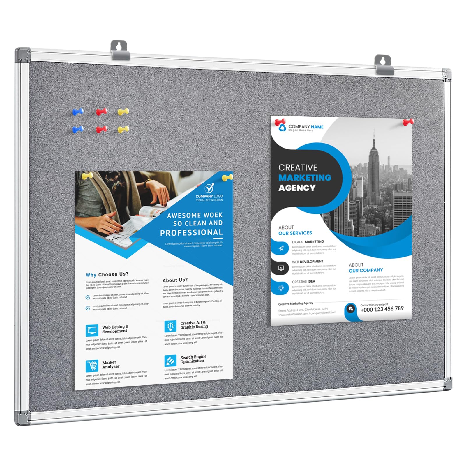 MAKELLO Felt Notice Board, Pin Board for Home Office School Bedroom Kitchen,Wall Mount, Aluminum Frame, Grey, 60x45cm