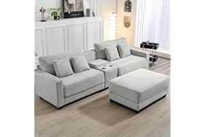 Bumblr Sectional Sofa Couch with Ottoman, 111.8" Corduroy Modern Comfy 2-seat Couches with Cup Holders, Storage Compartment, USB Ports for Living Room, Apartment (Light Gray)