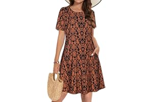 ELESCAT Summer Dresses for Women Casual Tshirt Short Sleeve Floral Sundress Beach Cover Ups with Pockets