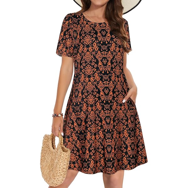Lavnis Women's Casual Midi Dress - Short Sleeve Cotton Print Tunic With Pockets