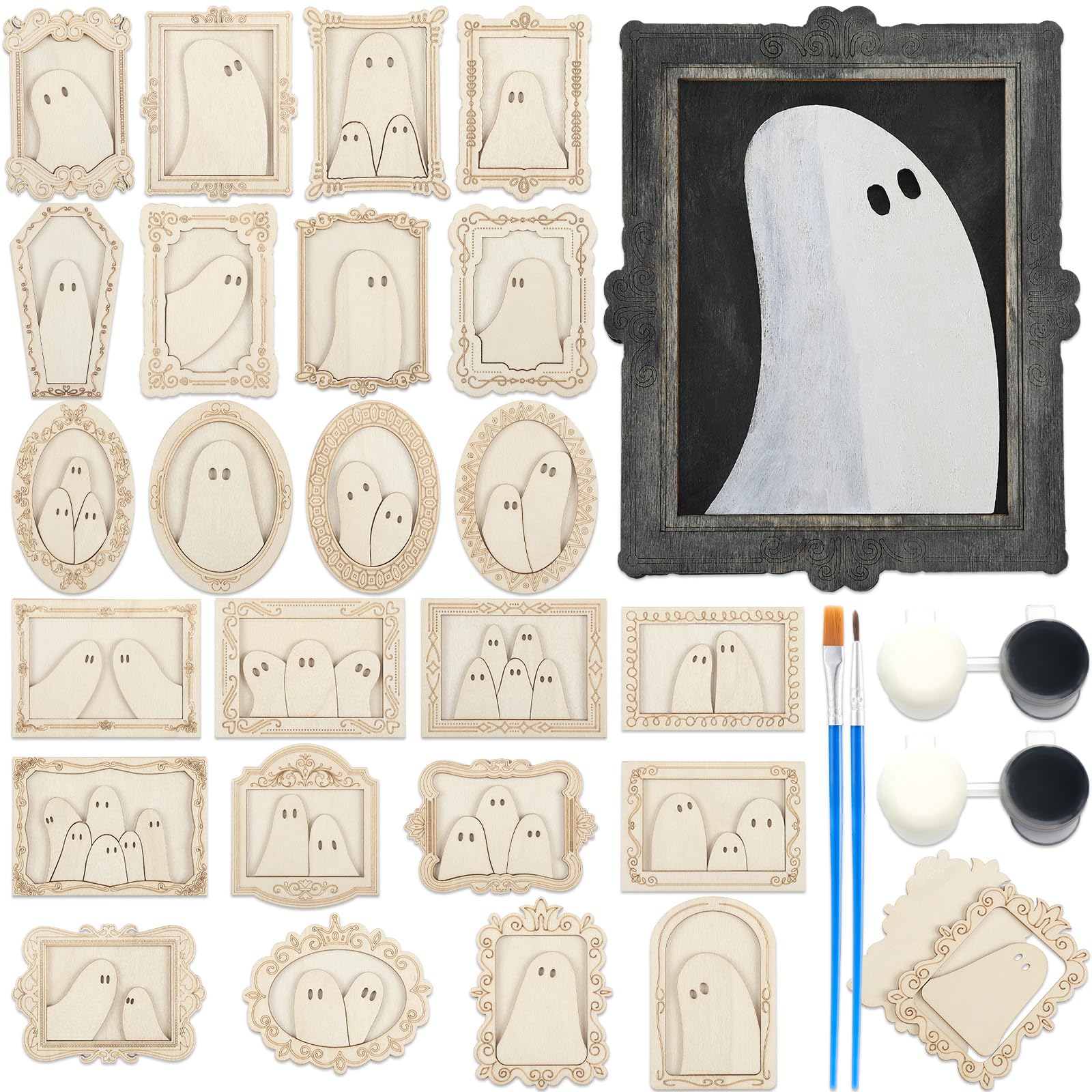 Photo 1 of Simgoing 24 Set Wood Ghost DIY Frames Decorating Craft with Paint and Brush Unfinished Wooden Gift Ornaments Cute Ghost for Halloween Craft Art Party Supplies, Not Include Glue (Fashion Style)
