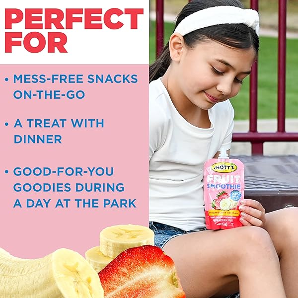 MOTT’S FRUIT SMOOTHIES STRAWBERRY BANANA, 4.2 OZ CLEAR POUCHES, 8 PACK, NON-DAIRY, MADE WITH OATMILK, MADE WITH REAL FRUIT, GOOD SOURCE OF CALCIUM, ON-THE-GO