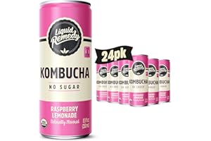 Liquid Remedy Kombucha Sugar Free Organic Drink, Low Calorie, Probiotic Like Tea for Gut Health - Raspberry Lemonade - 8.5 Fl Oz Can, 24-Pack