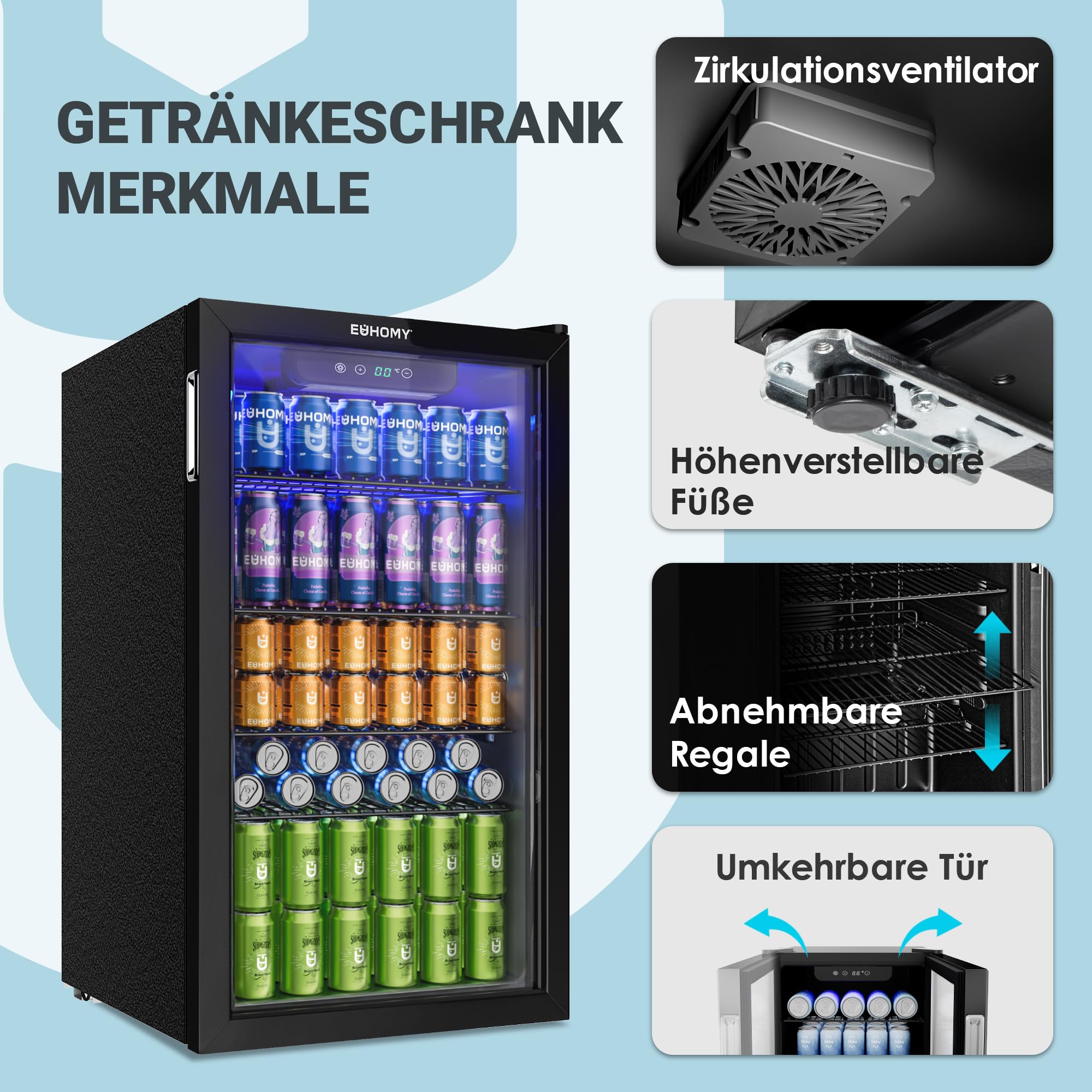 EUHOMY 90L Getränkekühlschrank, Mini-Kühlschrank für 126 Dosen mit Glastür, kleiner Kühlschrank mit verstellbaren Regalen für Limonade, Bier oder Wein, für Zuhause/Bar/Büro, Schwarz Edelstahl 6