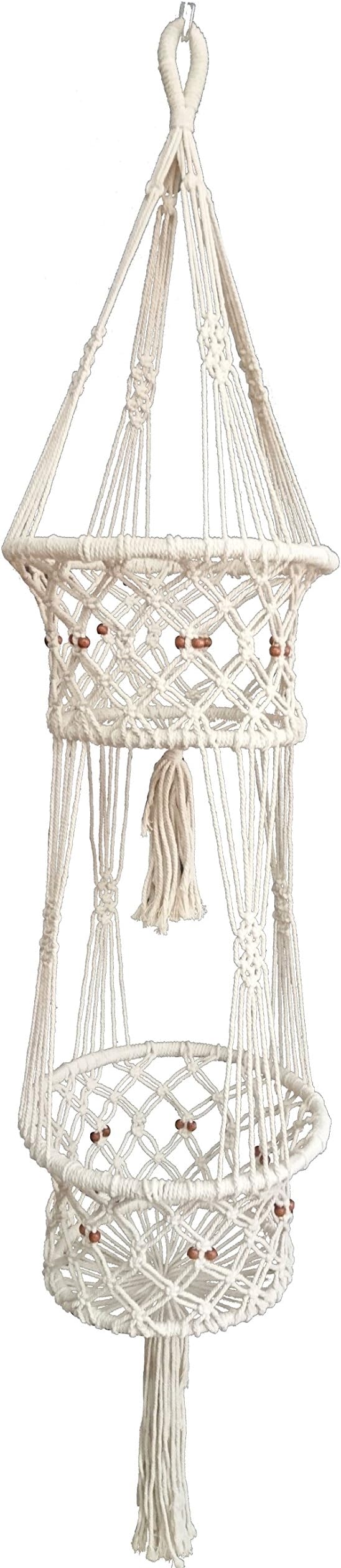 4 Legs Cotton Large Macrame Plant Hanger & Plant Holders with Bamboo Ring Inside and Brown Wood Bead Decoration . Double Plates ,Beige Color, 51-inches
