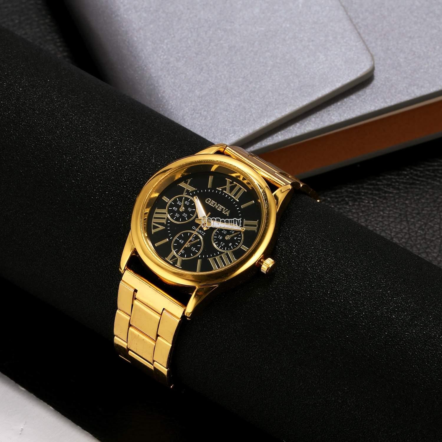 Onbio Men Geneva Steel Band Watch False Three Eyes Fashion Casual Round Quartz Watch