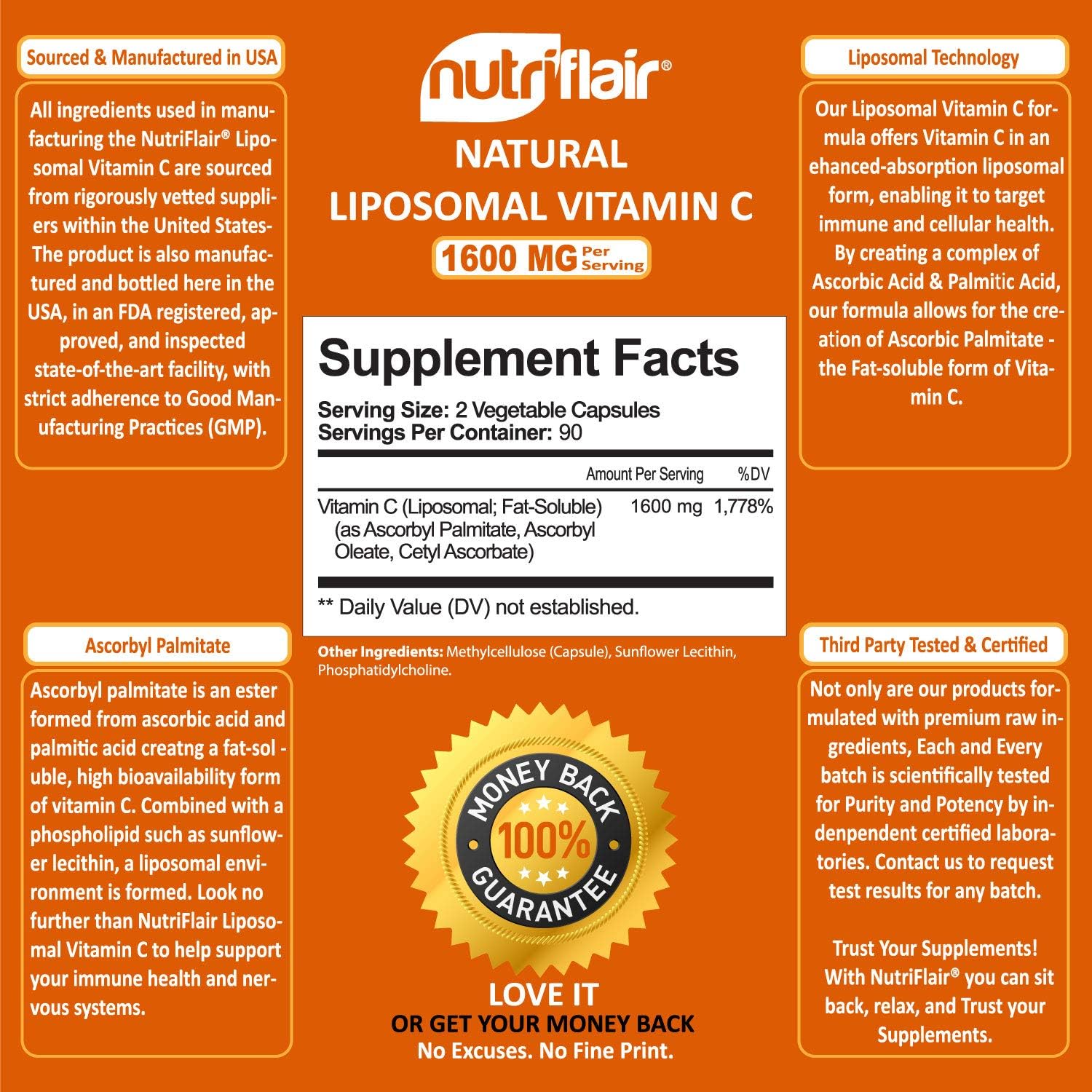 NutriFlair Liposomal Vitamin C 1600mg, 180 Capsules - High Absorption, Fat Soluble VIT C, Antioxidant Supplement, Higher Bioavailability Immune System Support & Collagen Booster, Non-GMO, Vegan Pills: Health & Personal Care