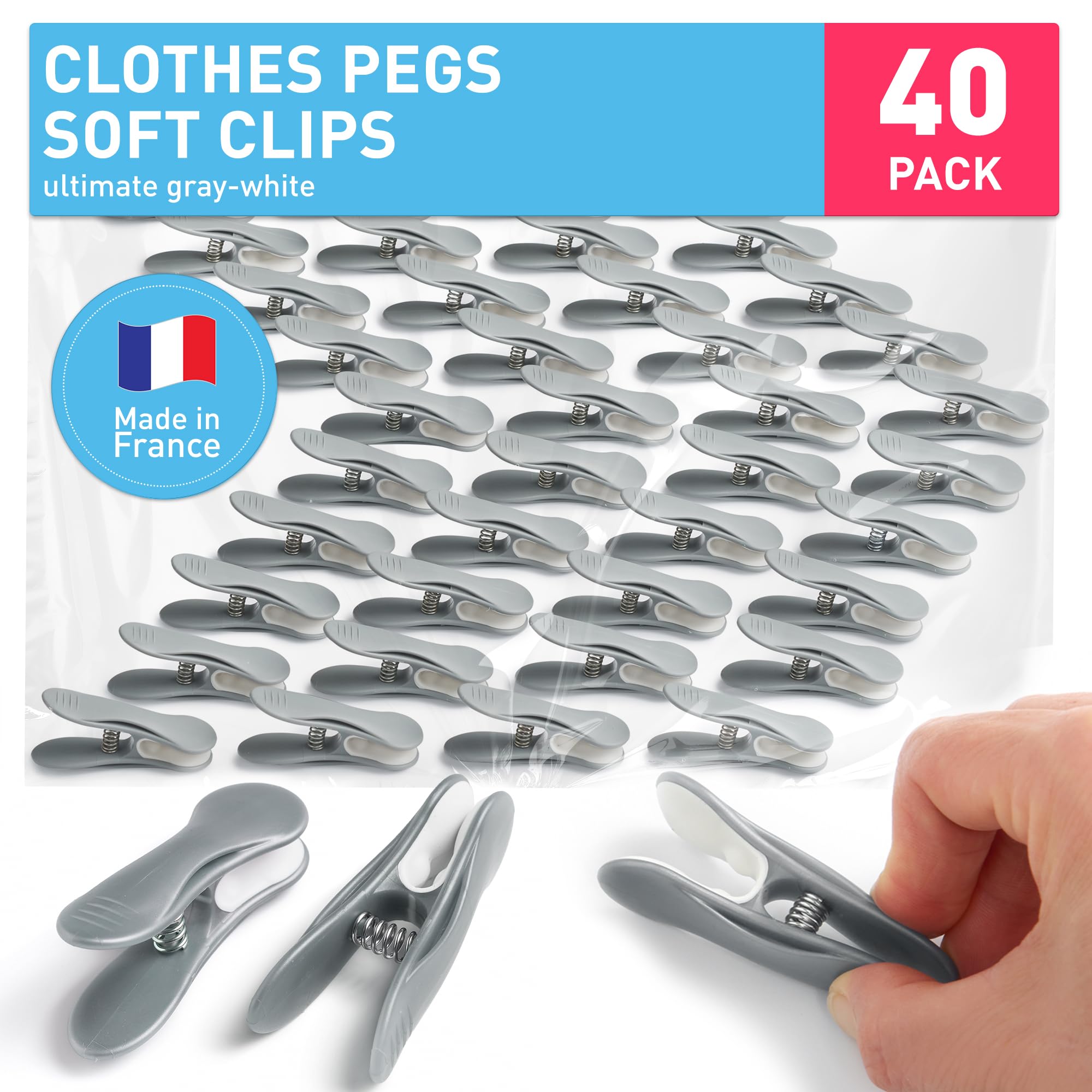 culiclean Clothes Pegs – Strong Soft Grip "Soft Clips" – Durable Plastic Pegs for Indoor & Outdoor Use – Heavy Duty Clothes Clips – 40 Pack – ultimate grey-white