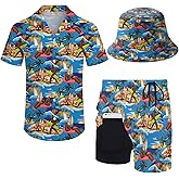 ZePinger Men's 80s Shirt and Shorts Set 80s 90s outfit 90s Shirt Suits with Bucket Hats