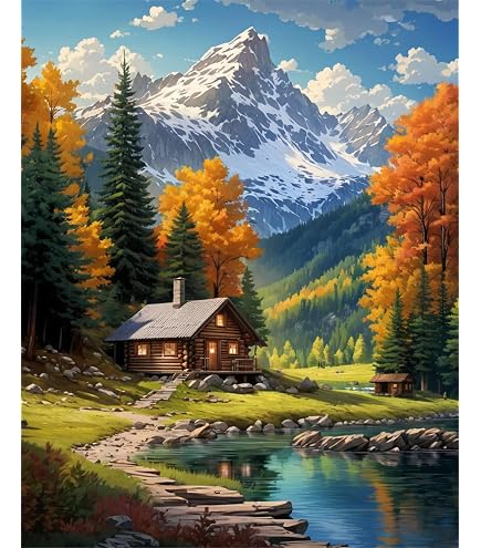 Peinture Par Numéros EOBROMD – Cabane Forestière 40x50cm, Acrylique Pour Débutants Sans Cadre