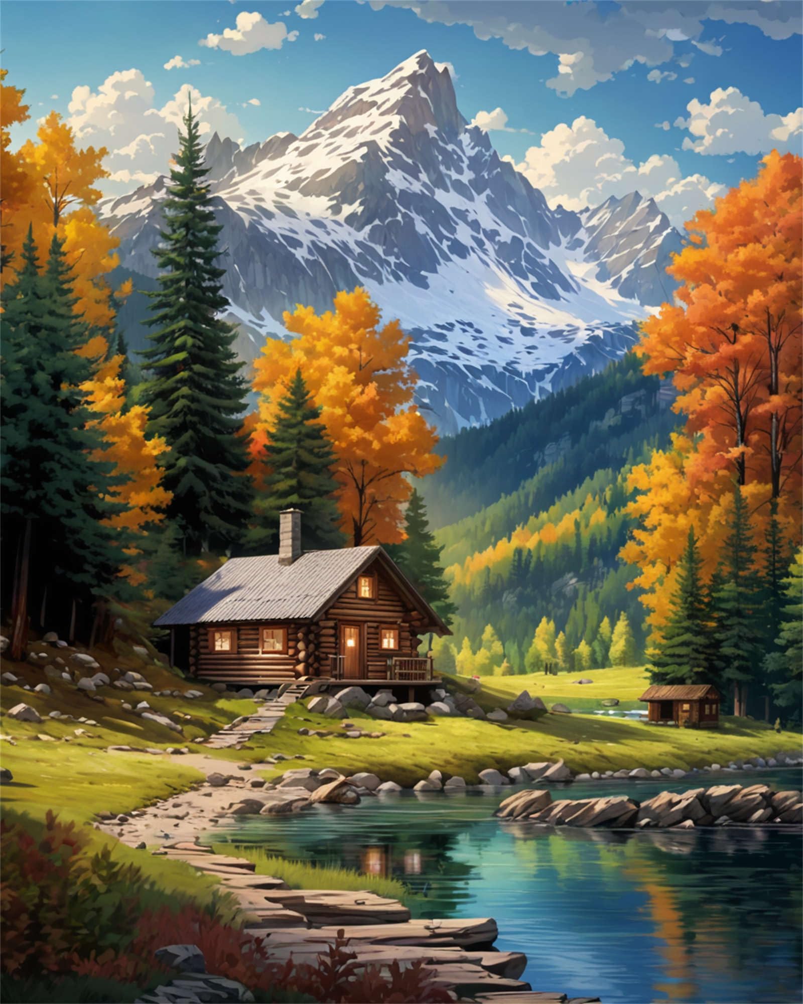Photo 1 of Mountain Paint By Numbers Kit For Adults Beginner Cabin Adult Paint By Number Kits On Canvas Mountain Oil Painting Kit For Beginners Adults' Paint-By-Number Kits For Gift Home Wall Decor 16x20 Inch