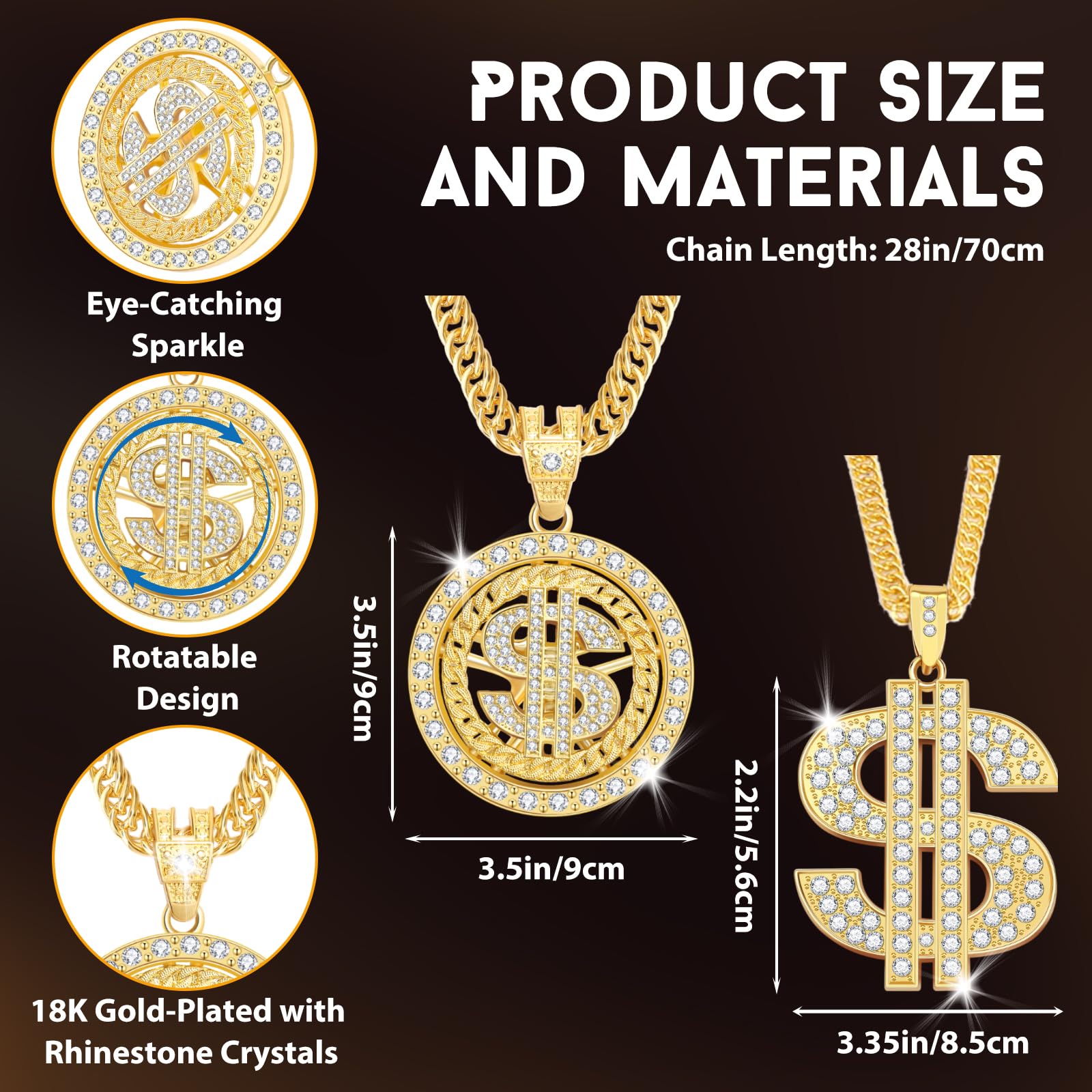 2PCS Money Chain Fake Gold Necklace: Big Money Dollar Sign Gold Chains Halloween Costume - Men Rapper Digger Hip Hop 70s 80s 90s Costume Accessories