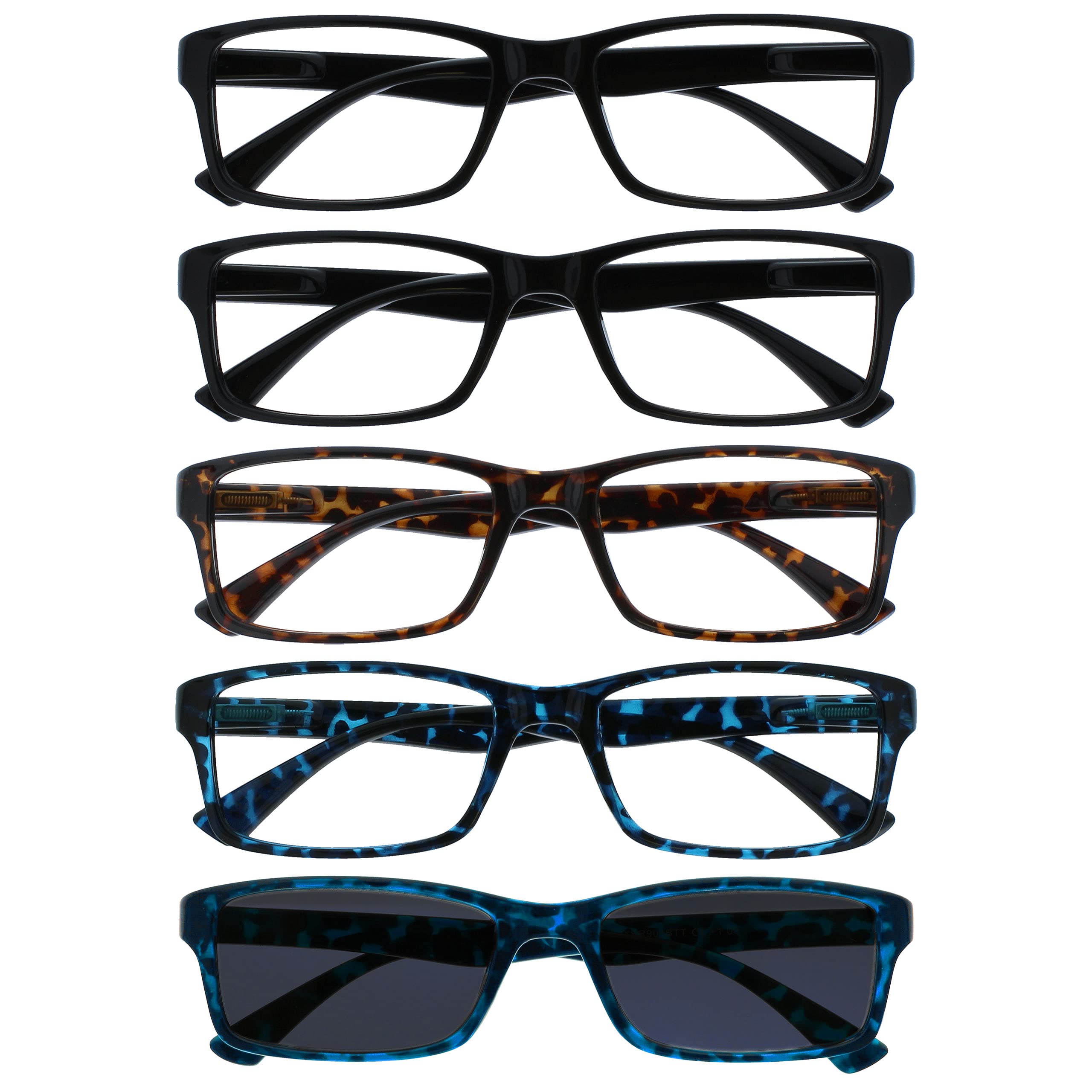 OPULIZE PEP Reading Glasses for Women Men, Large Rectangular Designer Frame with Spring Hinges, Scratch Resistant, Black, Brown, Blue, Blue Sun +1 (Pack of 5) — image 1