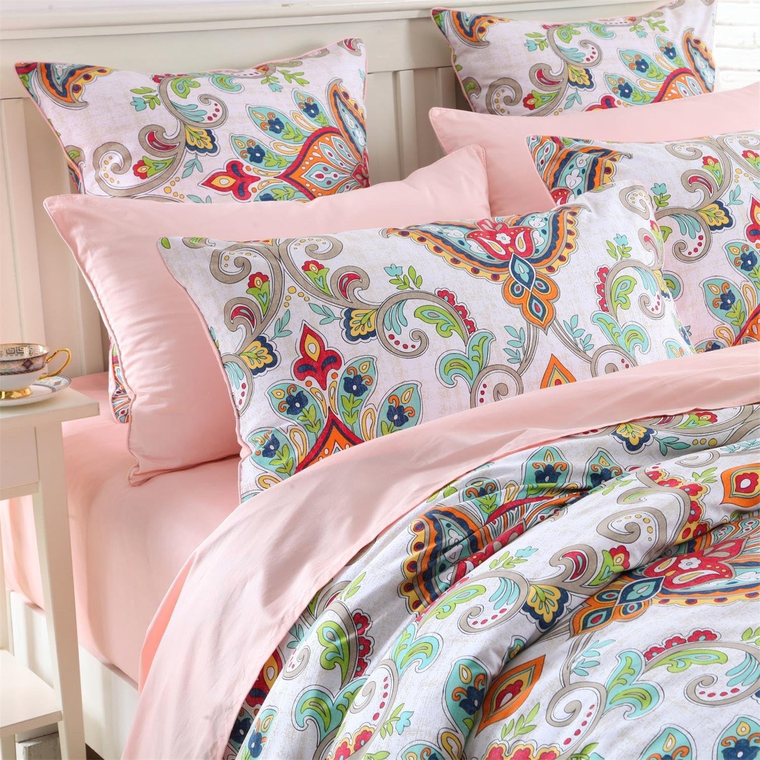 Brandream Pink Damask Luxury Floral Duvet Cover Set Queen Size Boho Paisley Bedding Set 800 Thread Count Egyptian Cotton Sateen Vibrant Medallion Bohemian Pattern(Queen,Pink)
