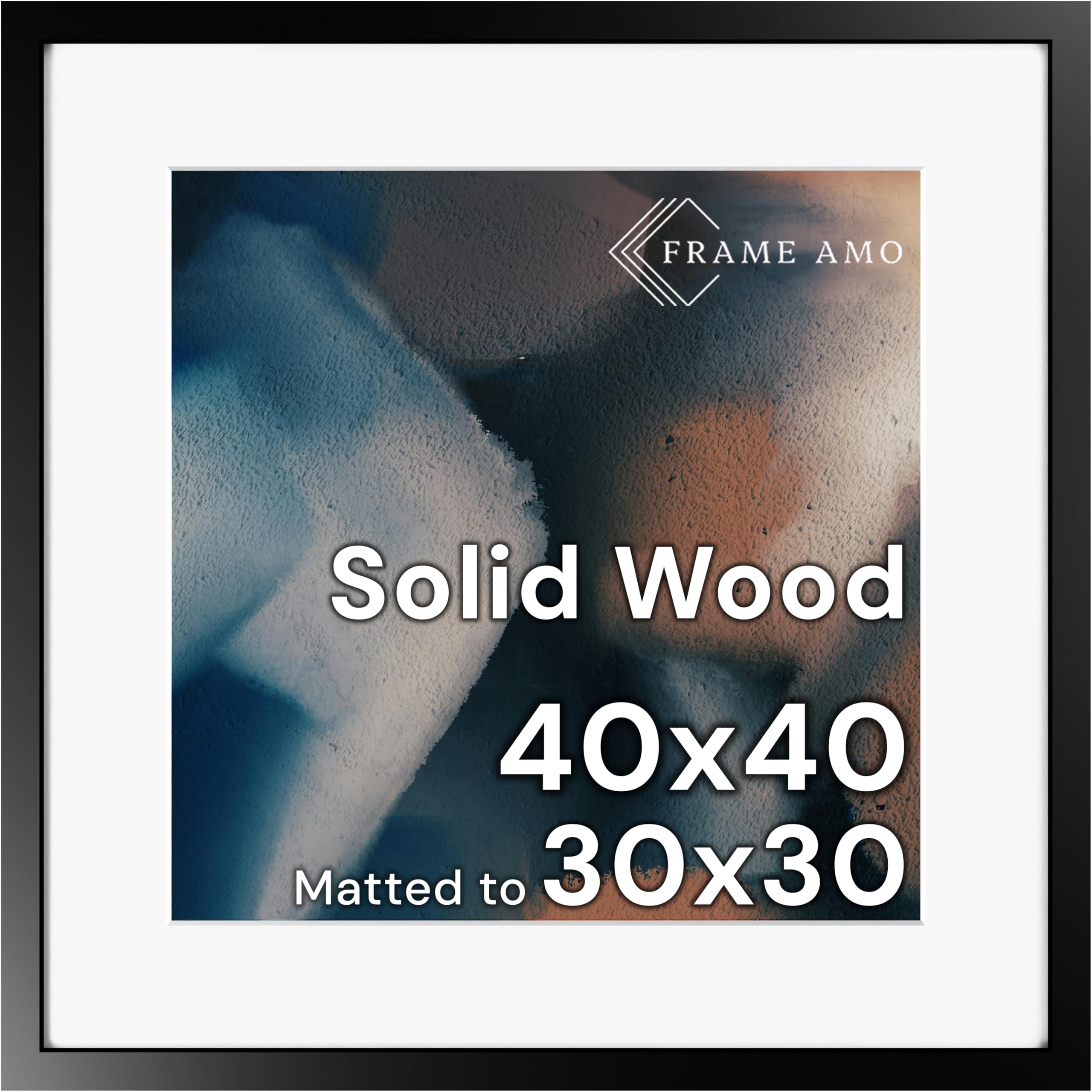 Photo 1 of Frame Amo 40x40 Solid Wood Poster Frame Black, with 29.5x29.5 White Mat Opening for 30x30 Image, 1.5 inch Wide, 1 inch Thick, Acrylic Front, Gallery Grade