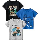 GFQLONG 3 Pack Toddler Boy Graphic Shirts, Dinosaur Short Sleeve Cotton Tshirt, Kids Summer Cars Tees Top Clothes