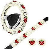 Crochet Steering Wheel Cover Set,Cute Car Steering Wheel Cover Boho 14-15 in, White Strawberry Granny Square Pattern,Women Car Accessories (Wheel Cover Set)