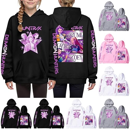 K Pop Demon H-Hunters Hoodies for Girls Boys, Huntrix Hip Hop Hoodies, Casual H-Huntrix Hip Hop Hunter Costume Y2k Streetwear Pullover Kids Sweatshirt Long Sleeve Carton Print Girls Hoodie Sweatshirt