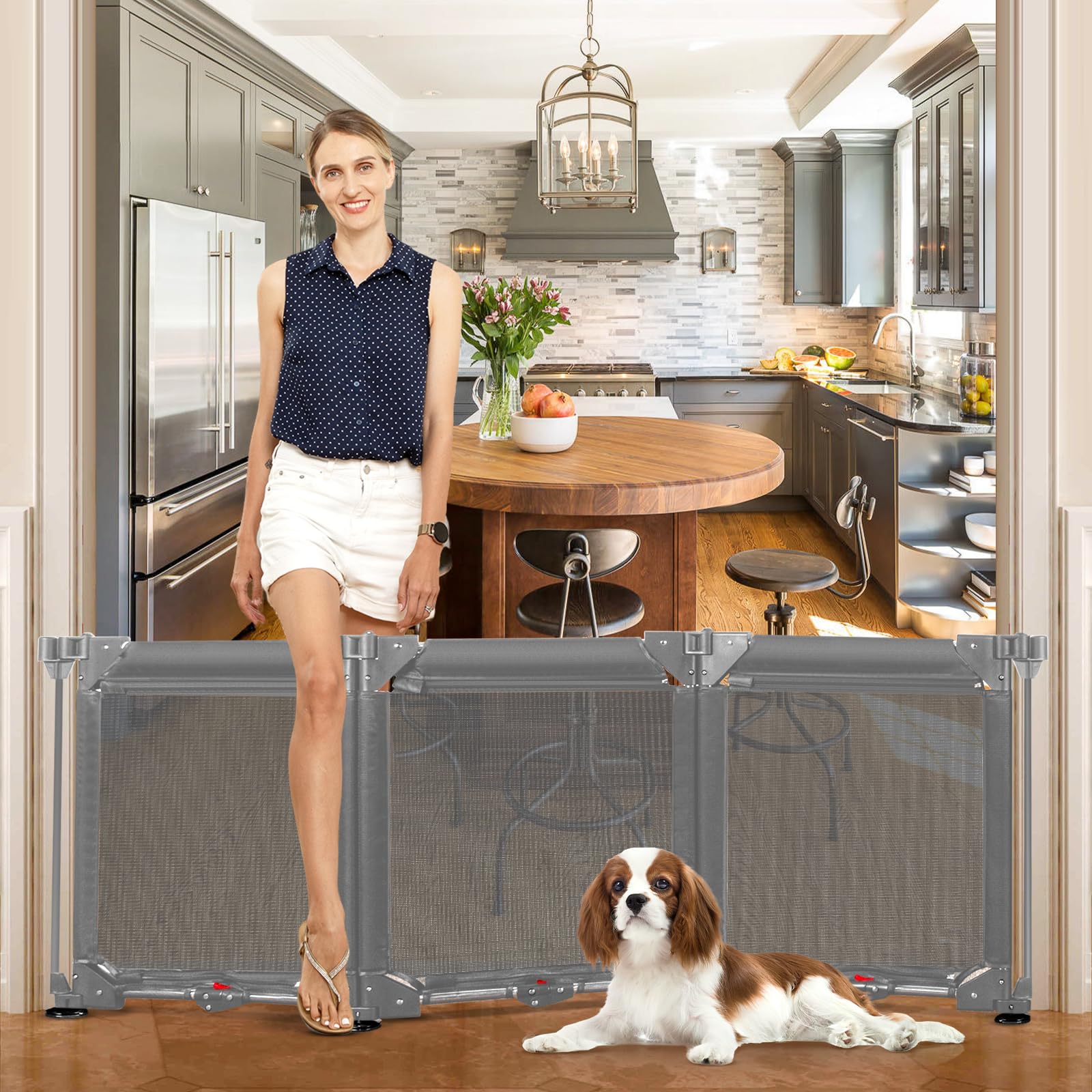 Photo 1 of 24 Inch Tall Freestanding Dog Gates for The House, 3 Dog Fence Panels Step Over Pet Gate for Stairs, Safety Fence with Suction Cups, 60" Wide Foldable Dog Gate Pet Gates for Doorways No Drilling, Gray