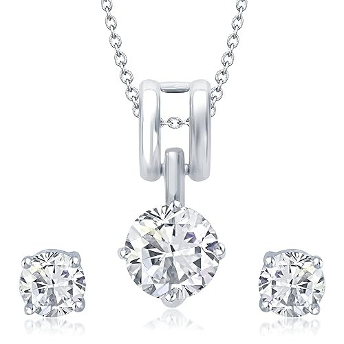 Rhodium Plated Solitaire Pendant Set With Earrings For Women - Ps1016R [Vkps1016R]