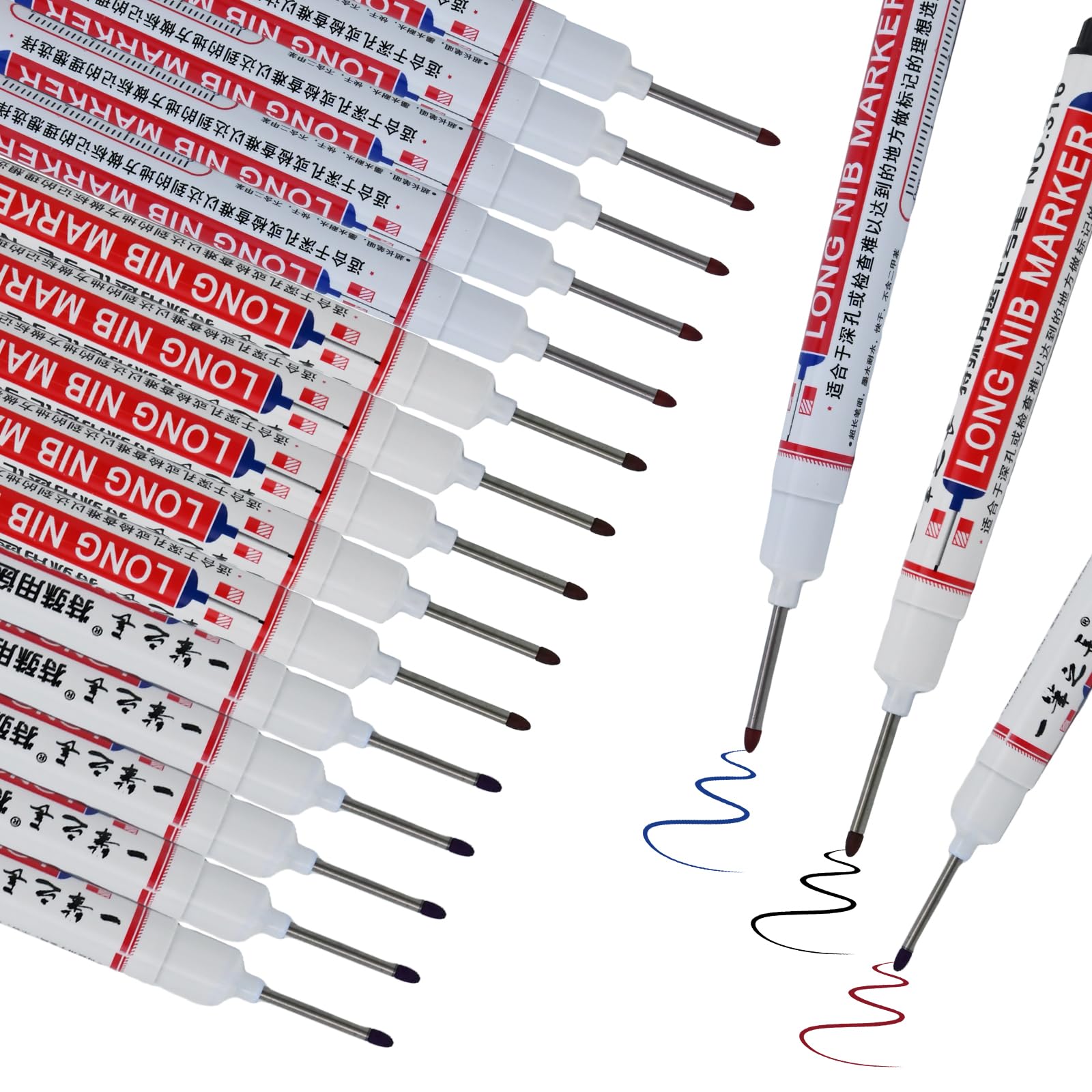 KATIMI 15 Pieces Deep Hole Marker Pens, 20 mm Long Nib Deep Hole Marker Pen in 3 Colours, Multi-Purpose Woodworking Markers, Marking Tool for Permanent Marking of Hard To Reach Areas