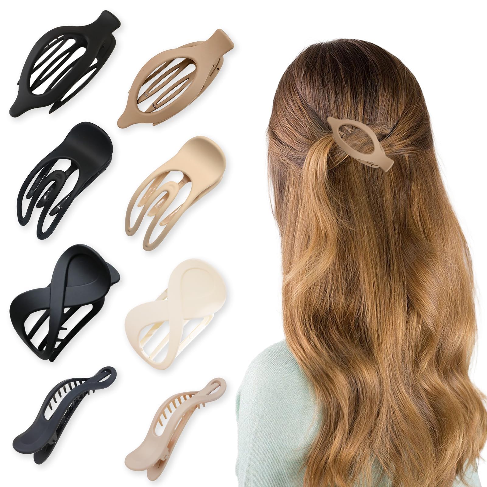 ZOCONE 8 Pcs French Design Flat Hair Claws, 4 Styles Flat Hair Clamps, French Matte Flat Claw Clip, Large Strong Hold French-Claw Clip, Women Flat Claw Clips for Various Hairstyles