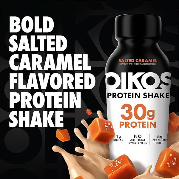 OIKOS PROTEIN SHAKE, SALTED CARAMEL, 30G HIGH PROTEIN DRINKS, SHELF STABLE, READY TO DRINK, 5G PREBIOTIC FIBER, 12 FL OZ BOTTLE, 4 COUNT​