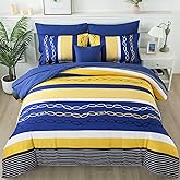 8 Pieces Bed in a Bag Stripe Comforter Set Queen Size,Patchwork Striped Comforter with Sheets Set Soft Microfiber Boho Bedding Sets (Blue Yellow)