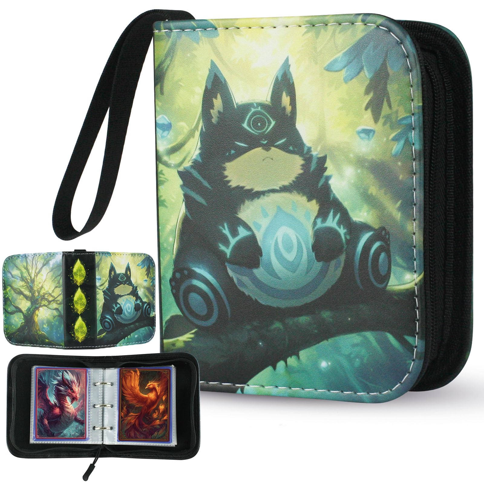 Trading Card Binder 1-Pocket Holds 80 Cards with 40 Removable Sleeves, Zipper PU Leather Collector Album Portable Card Holder with Wrist Strap, Gift for Boys Girls Kids Friends (Sylvan Guardian) — image 1