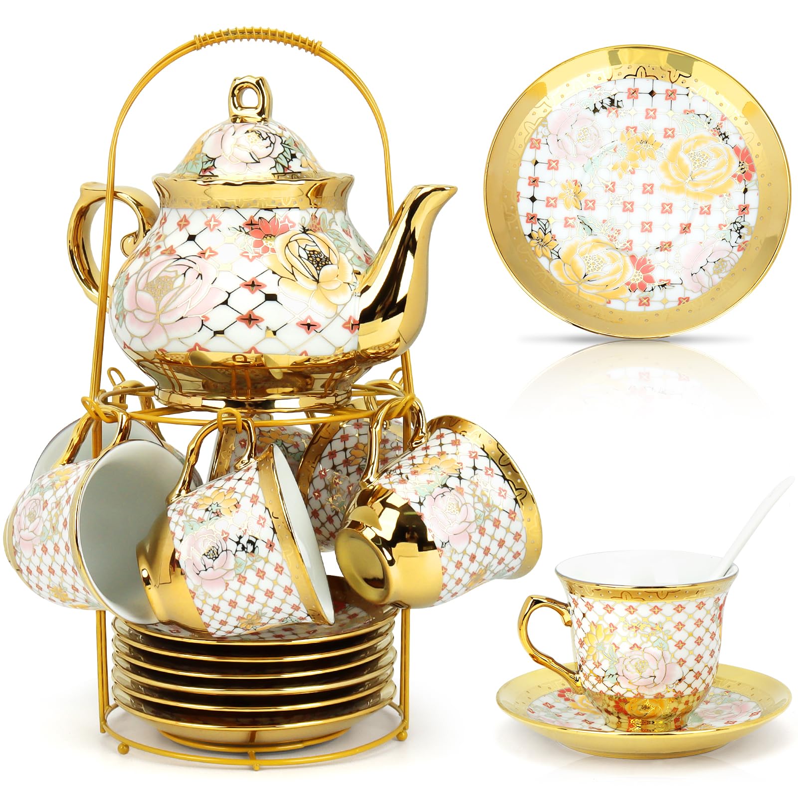 Photo 1 of 20 Pcs Porcelain Tea Set with Metal Holder, Adult Tea Sets Gift, European Ceramic Tea Set for Adults, Flower Tea Cup Saucer Set for Party With Gold Flower Painting (Classic Gold)