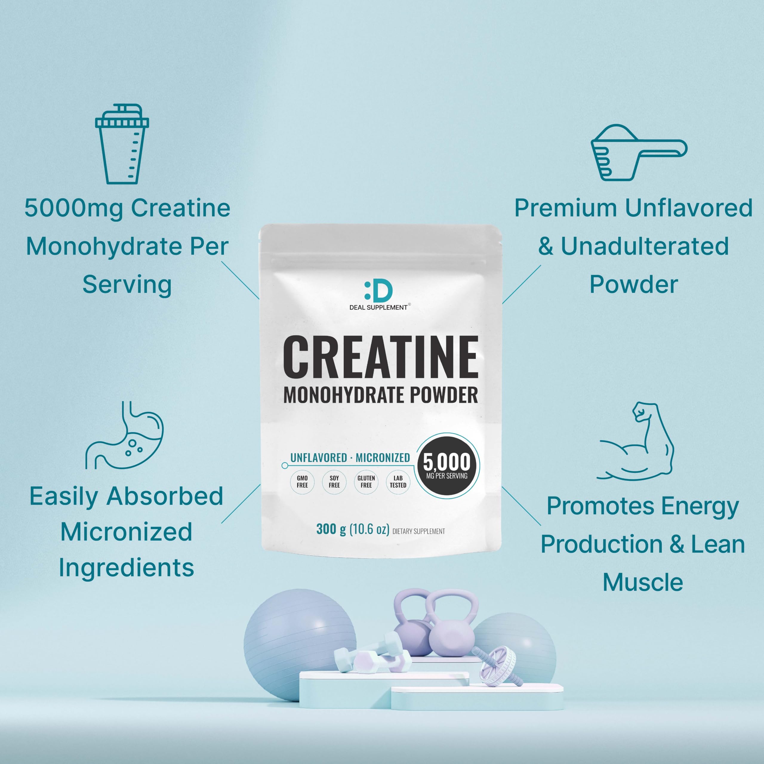 DEAL SUPPLEMENT Instant Creatine Monohydrate Powder, 5g Per Serving – 60 Servings | Micronized, Unflavored, Fast Absorbing Formula | Filler Free, Non-GMO, Keto Friendly, Vegan