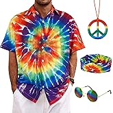 Bombline 4 Pieces Hippie Costume Set,Tie Dye Button Down Shirt Set,Tie Dye Headband,Rainbow Sunglasses,Peace Sign Necklace