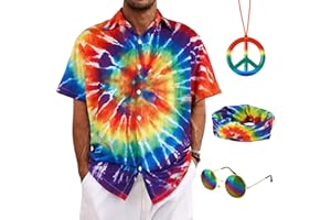 BOMBLINE 4 Pieces Hippie Costume Set,Tie Dye Button Down Shirt Set,Tie Dye Headband,Rainbow Sunglasses,Peace Sign Necklace