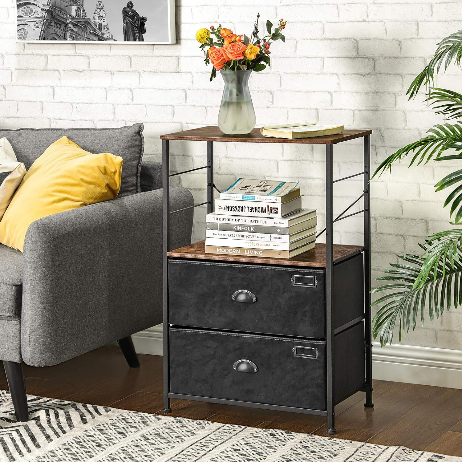 SONGMICS Nightstand, Industrial Bedside Table with 2 Fabric Drawers, Storage Shelves, Vertical Dresser Storage Tower with Wooden Top, Metal Frame, Labels, Rustic Brown and Black ULVT03H: Kitchen & Dining