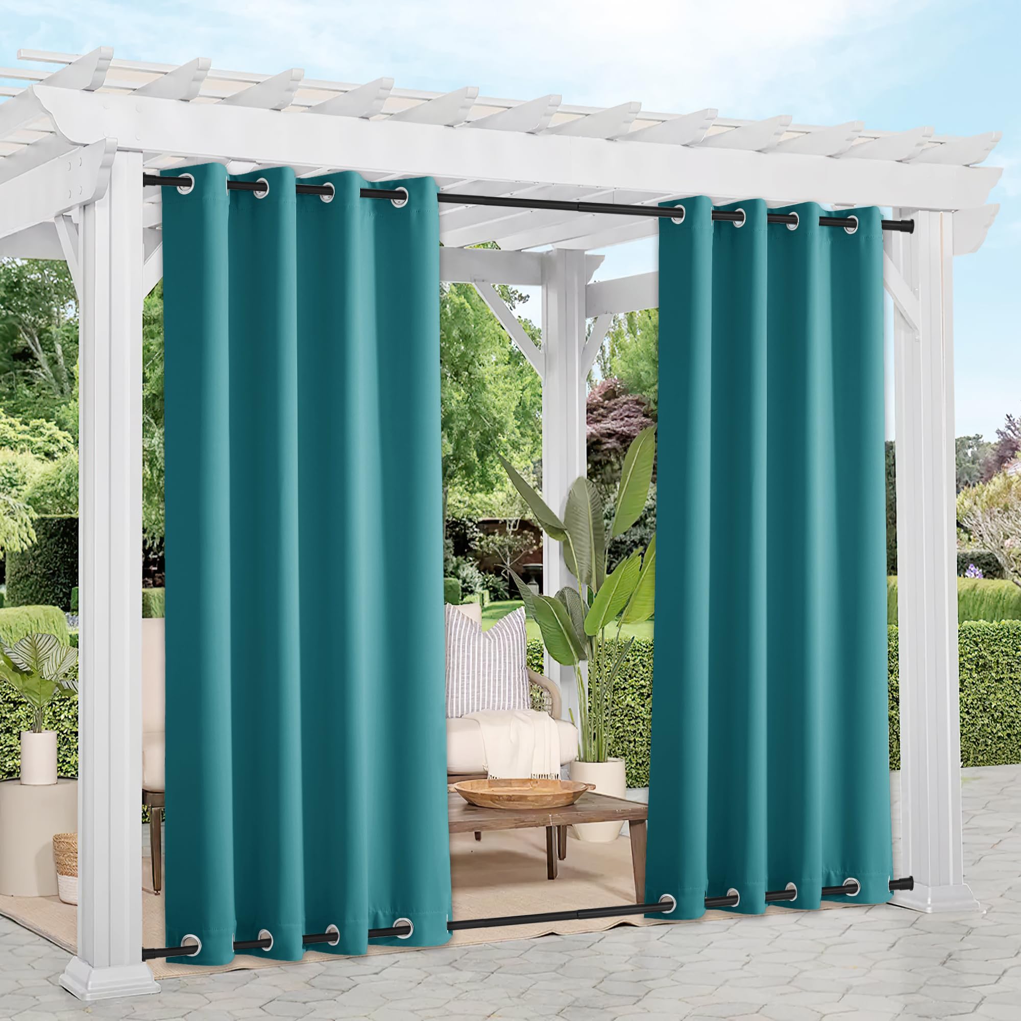 Photo 1 of NICETOWN 2 Panels Peacock Teal Outdoor Curtains for Patio Waterproof, Rustproof Grommet Top & Bottom Thermal Insulated Keep Rain Out Blackout Weighted Wind Break Drapes for Pergola, W52 x L108LPNPMEY4075205
