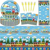 61 Pcs Train Birthday Decorations Chugga Choo Party Tableware Set Cartoon Car Plates Napkins and Tablecloth Transportation Themed Supplies for Birthday Parties Family Gathering Dinner Serve 20 Guests