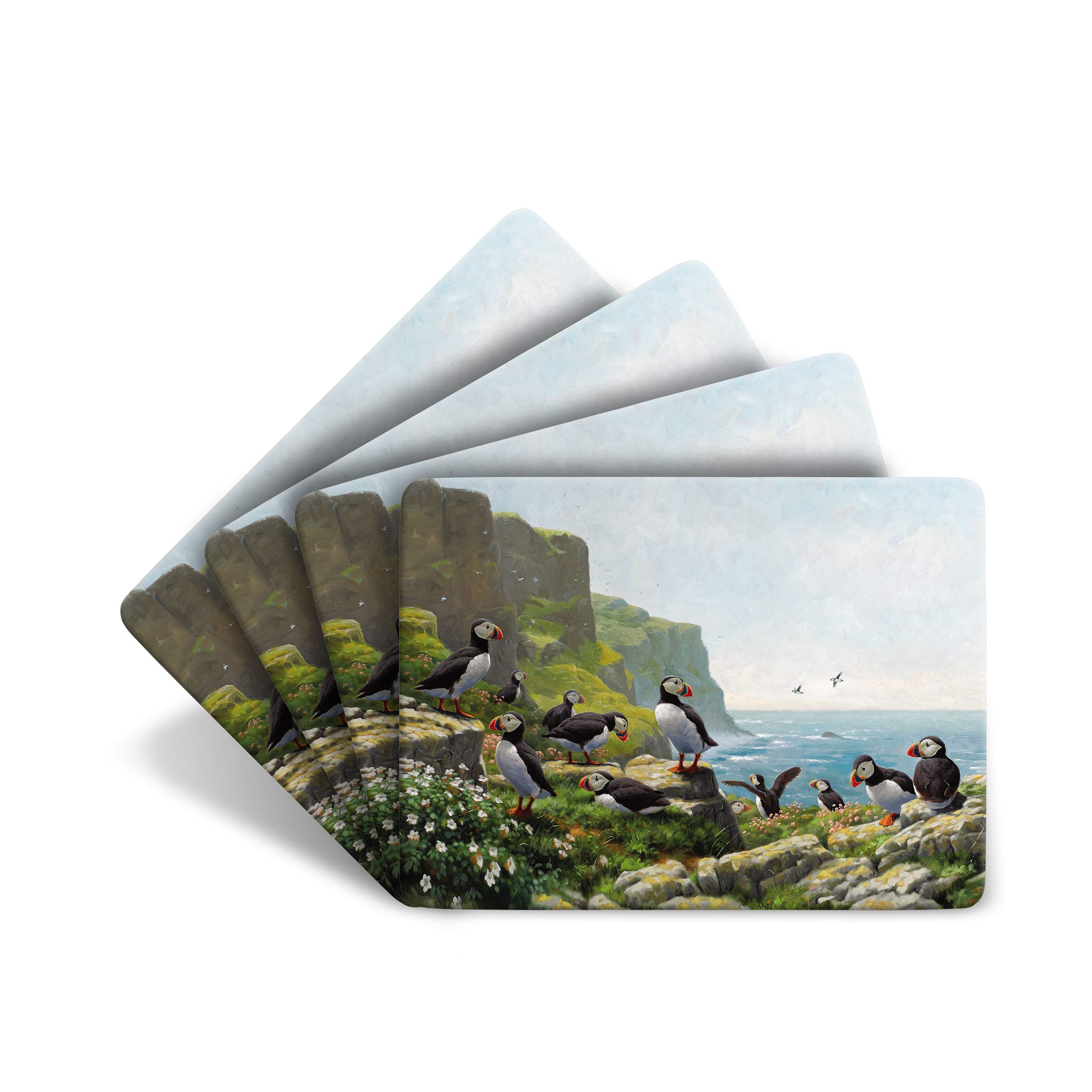 Julian Friers Puffins Roosting Large Table Mats by Wildlife Artist Set of 4 - Non-slip - Cork-backed Placemat Set