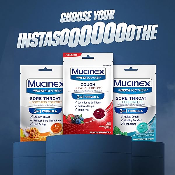 MUCINEX INSTASOOTHE SUGAR FREE COUGH DROPS, COUGH MEDICINE FOR ADULTS WITH DEXTROMETHORPHAN HBR, NON MENTHOL COUGH DROPS, COUGH SUPPRESSANT LOZENGES, MIXED BERRY MEDICATED COUGH DROPS, 40CT