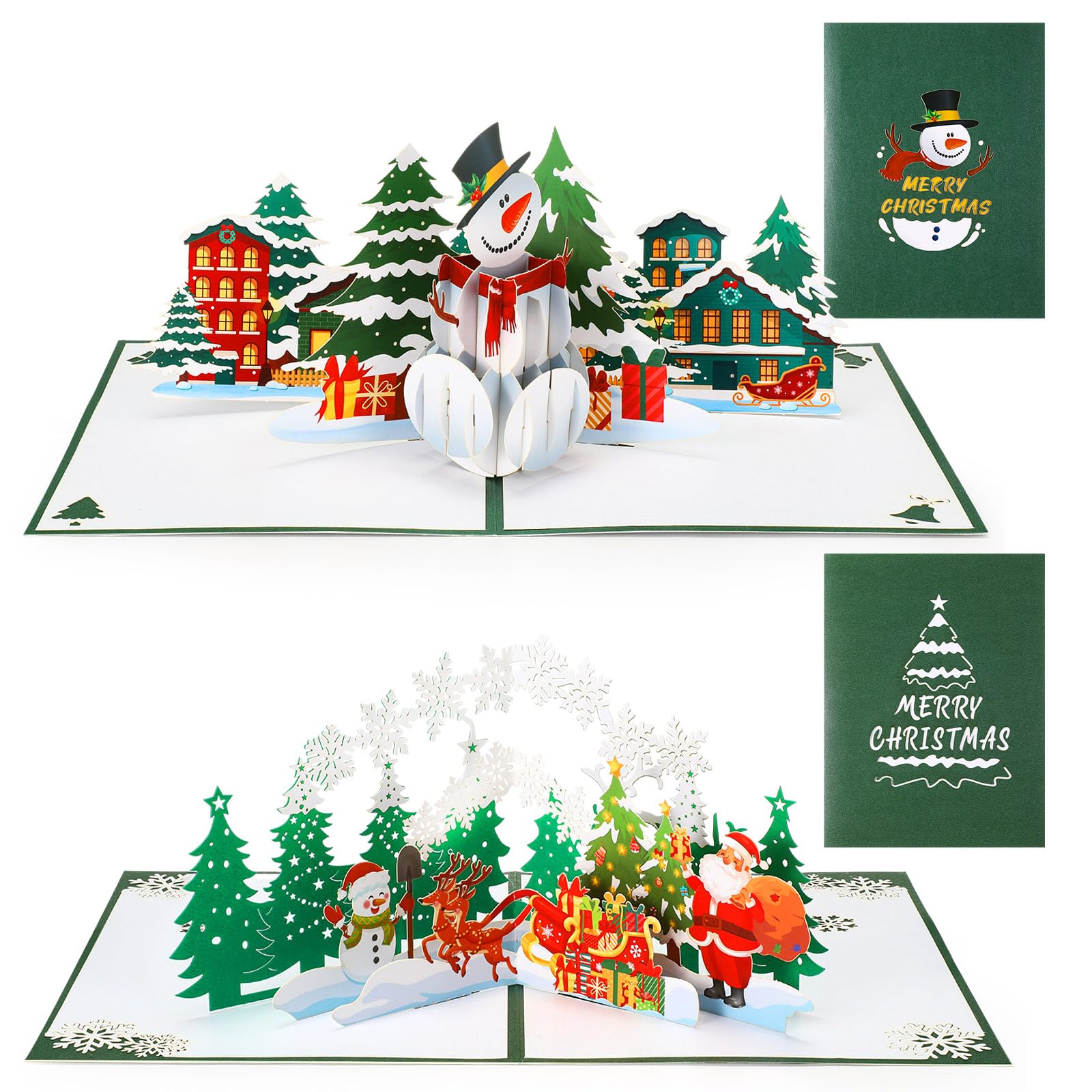 Clabby 2 Pcs 3D Christmas Greeting Cards with Envelopes 6 x 7.9 Inches Merry Christmas Pop Up Scene Cards Handmade Xmas Snowman Christmas Forest Cards for Christmas, Xmas Gifts