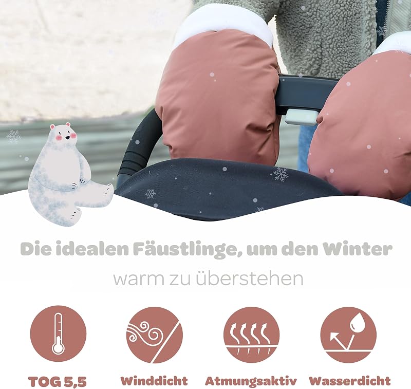 , Fäustlinge/Handschuhe/Schutzhandschuhe für Kinderwagen, Regen-/Schneeschutz, Reißverschluss, Ultrawarm, Weich, Fleece gefüttert, Winddicht, Wasserdicht, Atmungsaktiv, Terracotta